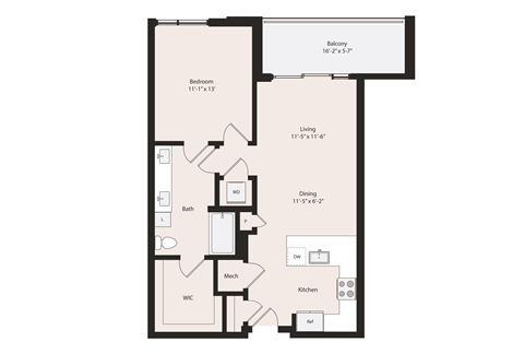 Floor plan for 1 bed, 1 bath, 783 sqft